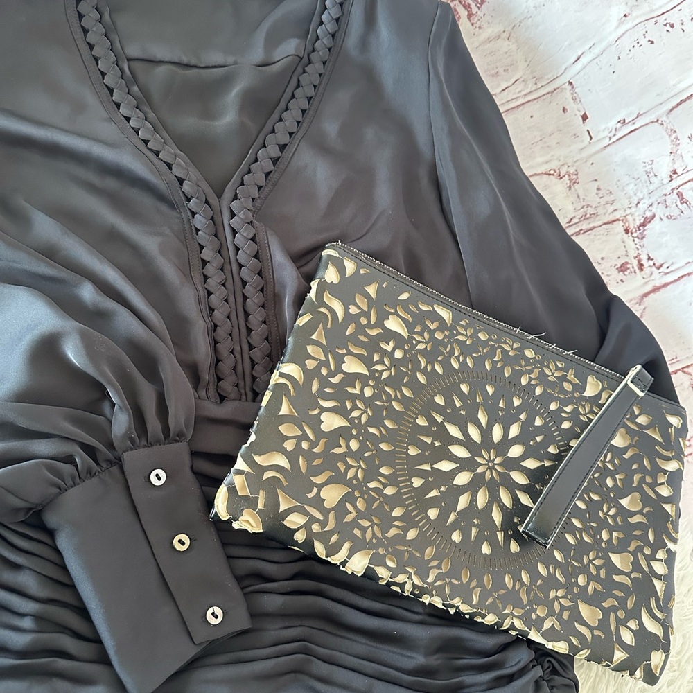 💥SOLD $25💥 RAMY BROOK Mini Dress M Black Ruched Feminine Sexy Goth Babydoll - Picture 7 of 11